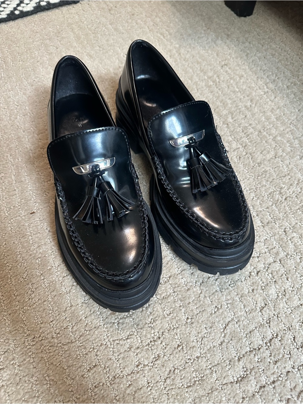 Black Tassel Leather Platform Zara Loafers